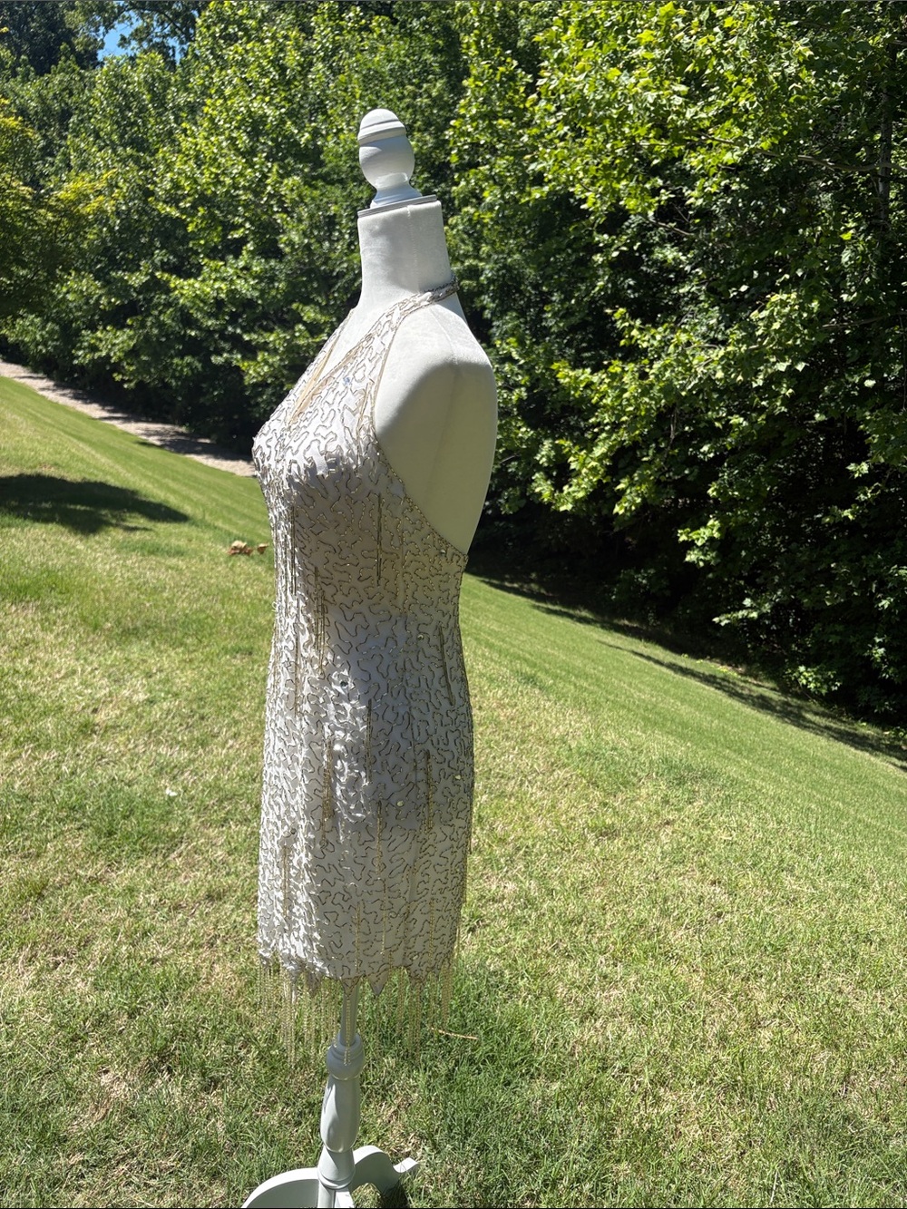 Vintage White Silk Beaded Halter Cocktail Dress Size 6 - Picture 4 of 15